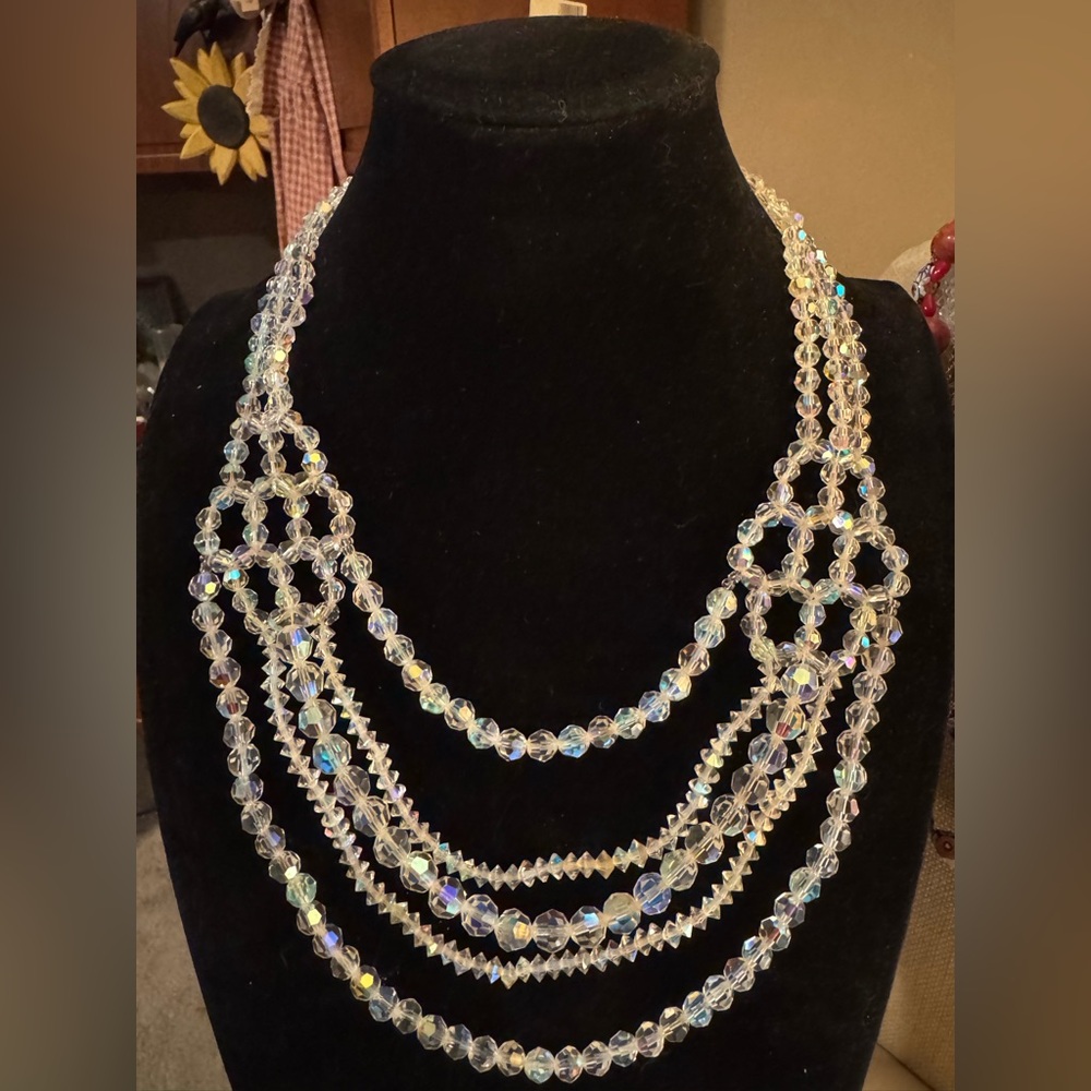 vintage Aurora Borealis five strand necklace AB graduated Layers Unique Design